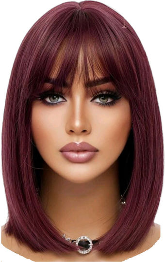 Wig with Synthetic Hair in Dark Red Color 30cm