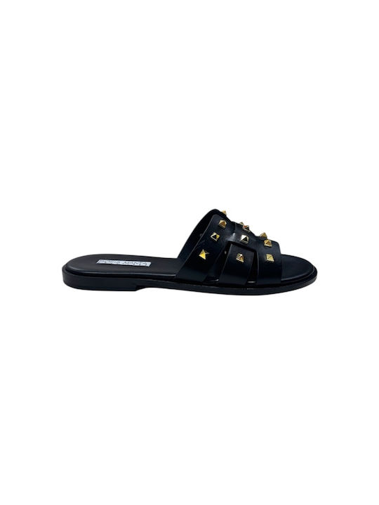 Leather Women's Flat Sandals in Black Color