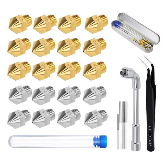 Set Duză Pentru Imprimante 3D 20 Bucăți 12 Duză Cupru 8 Duză Oțel Inoxidabil Mk8 0.2 Mm 0.4 Mm 0.6 Mm 0.8 Mm 1.0 Mm Unelte De Curățare Anycubic Mega Creality Cr-10 Ender