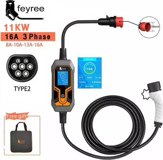Feyree Φορητός Τριφασικός Σταθμός Φόρτισης 11kW με Ενσωματωμένο Καλώδιο Type 2