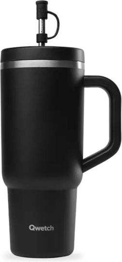 Qwetch Glass Thermos Stainless Steel / Plastic 900ml Qwetch Black with Straw and Mouthpiece