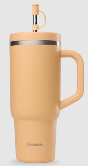 Qwetch Ποτήρι Θερμός Ανοξείδωτο / Πλαστικό 900ml Qwetch Ροδακινί με Καλαμάκι και Επιστόμιο