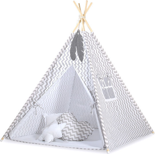 Tipi Tent Kids + Mat + Cushions + Feather Hangings Gray Chevron
