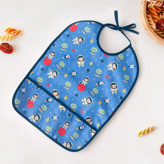 Kiokids Space Αδιάβροχη Σαλιάρα Υφασμάτινη με Κορδόνι & Τσέπη Μπλε για 4 m+