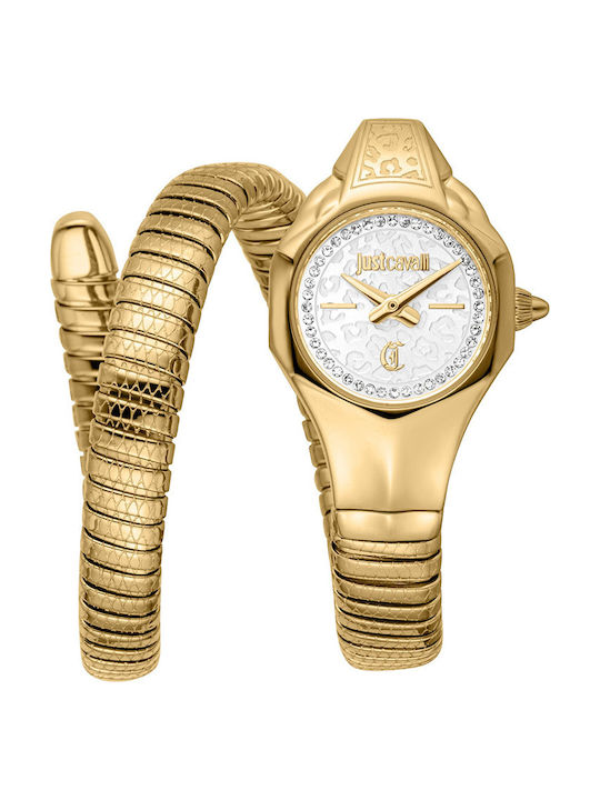Just Cavalli Signature Snake Crystals Ceas de Damă cu Auriu Brățară Metalică