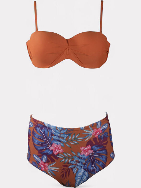 Set Bikini με Αφαιρούμενη Ενίσχυση Ψηλόμεσο Floral Πορτοκαλι