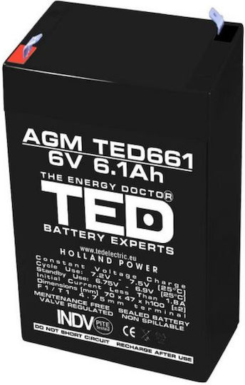 6V Стационарна VRLA Батерия Размери 70 X 48 X 101 Мм 6V 6.1Ah Батерия