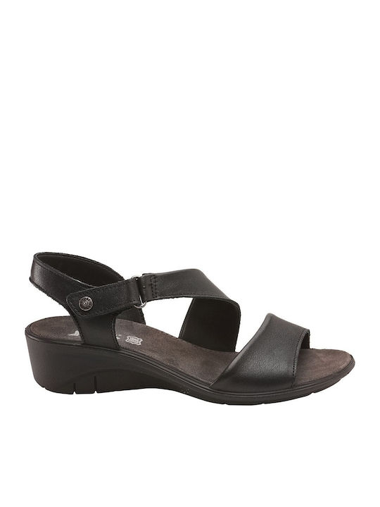 Leder Flache Sandalen für Damen Anatomisch mit Riemen in Schwarz Farbe