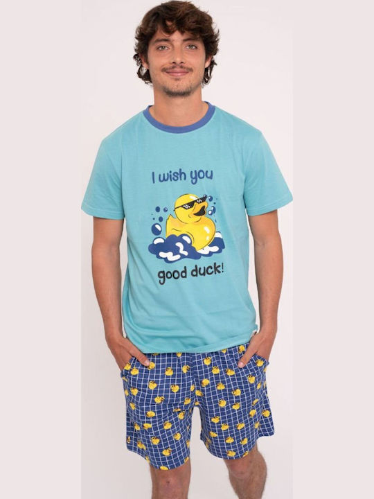 Muydemi Men's Summer Checked Pajamas Set Light Blue