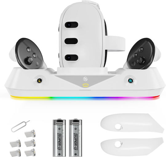 Stație De Încărcare Compatibilă VR Meta Quest 3 Ochelari Controlere Lumini RGB LED 2 Baterii 1800 mAh Accesorii Albe