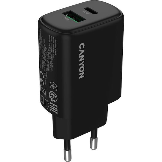 Canyon Φορτιστής Χωρίς Καλώδιο με Θύρα USB-A και Θύρα USB-C 20W Power Delivery / Quick Charge 3.0 Μαύρος (OnCharge 200)