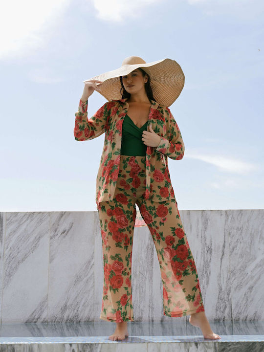 Women's Fabric Trousers with Elastic Floral Floral Print