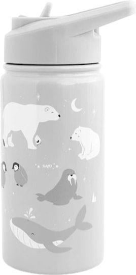 Saro Polar Bear Kids Water Bottle Thermos Stainless Steel with Straw Gray 350ml