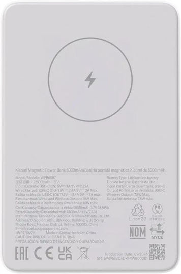 Xiaomi Magnetic WPB0507 MagSafe Power Bank 5000mAh 10W με Θύρα USB-C Λευκό