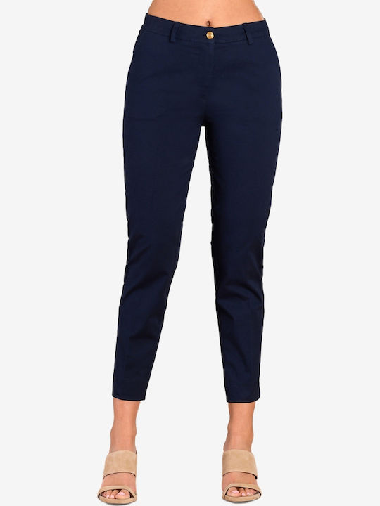 Women's Fabric Capri Trousers with Rubber Band in Straight Leg Style Blue