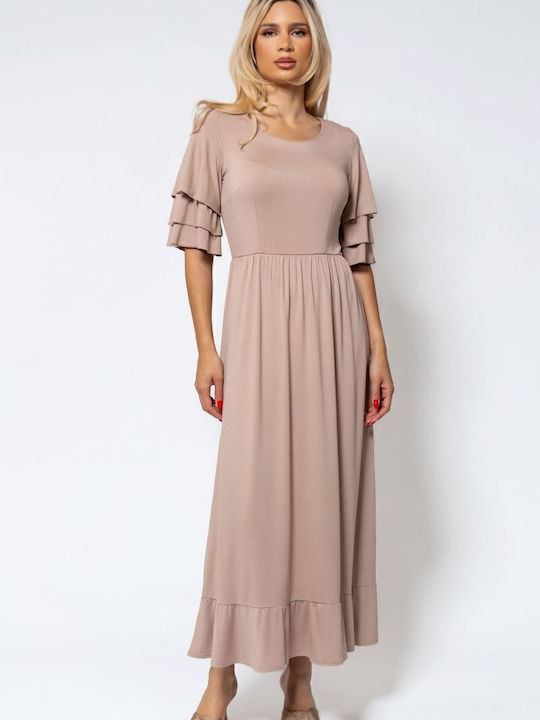 BelleFille Summer Maxi Dress with Ruffles Beige