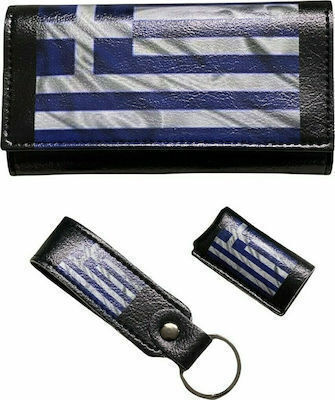 Handmade Tobacco Pouch Synthetic Leather Set with Keychain Lighter Case Lighter in Black with the Greek Flag