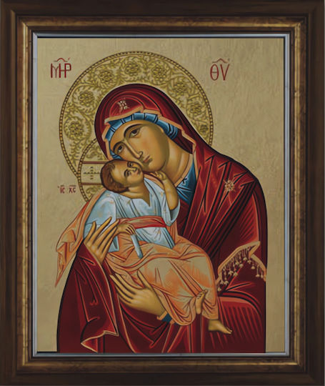 Byzantine Saint Icon Silk Screen Printing Virgin of Tenderness Rectangular Frame Glass 18.5x21.5cm
