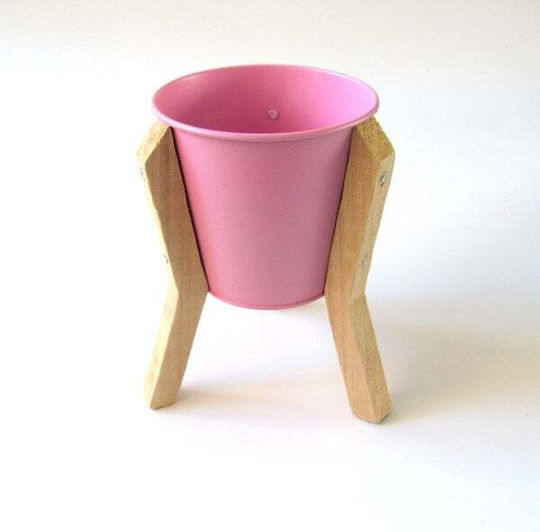 Plant Pot Zinc 12x19cm Wooden Feet Pink
