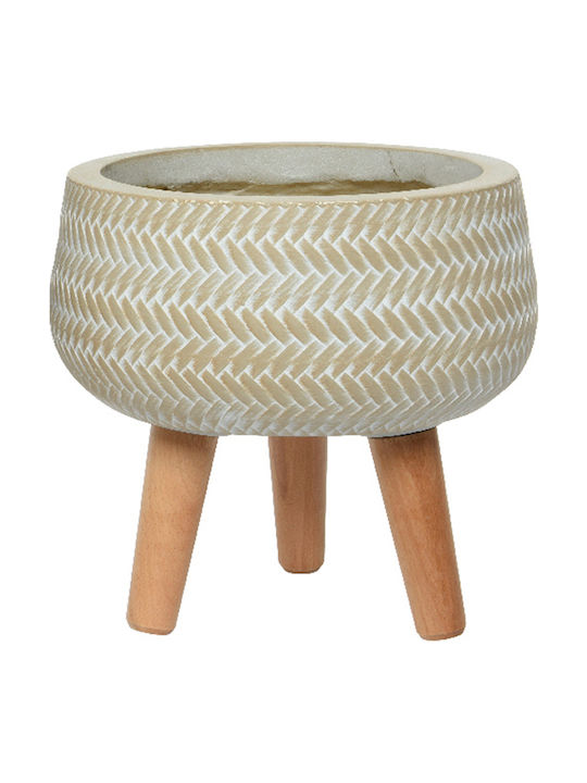 Decorative Plant Pot Fiberclay Bamboo Pattern Wooden Legs Beige 24x23cm 306.034.0023.18