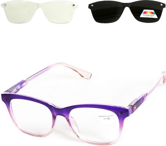 Alpin Clip On Women Reading Glasses +2.00 with Magnet in Purple Colour