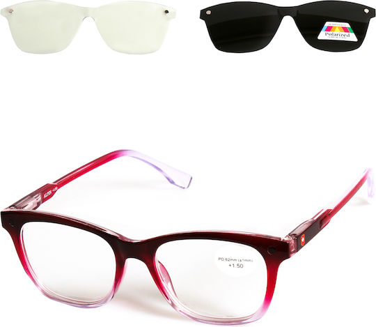 Alpin Clip On Women's Reading Glasses +2.00 with Magnet in Red Color