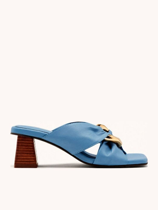 Leder Mules mit Niedrig Absatz in Blau Farbe