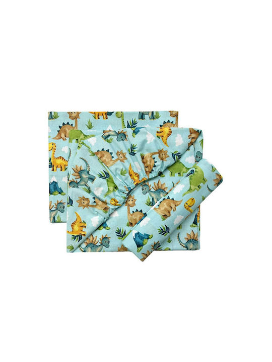 Bunny Bebe Set of Fitted Dino Turquoise Baby Sheets 70x140cm