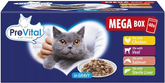 PreVital Wet Food for Cats in Pouches with Salmon, Liver and Chicken Grain-Free 40x100gr