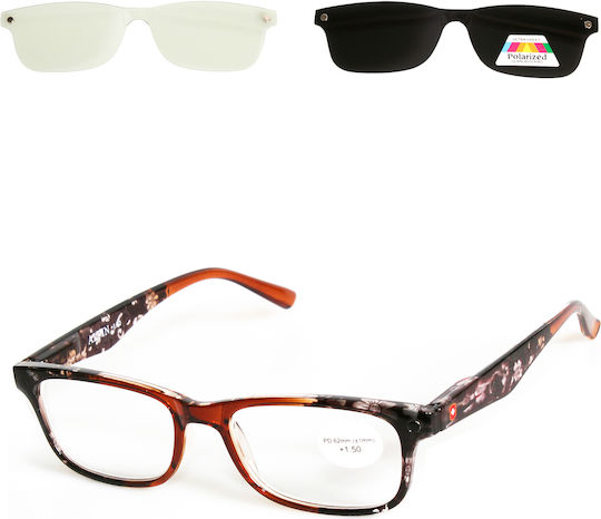 Alpin Clip On Women's Reading Glasses +2.50 with Magnet in Brown Color