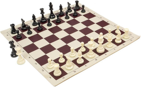 Heavy Chess Set Metal-weighted Plastic Pieces Dcp03h King 96 Mm + Roll-up Chessboard 57 Mm Squares In Brown Color
