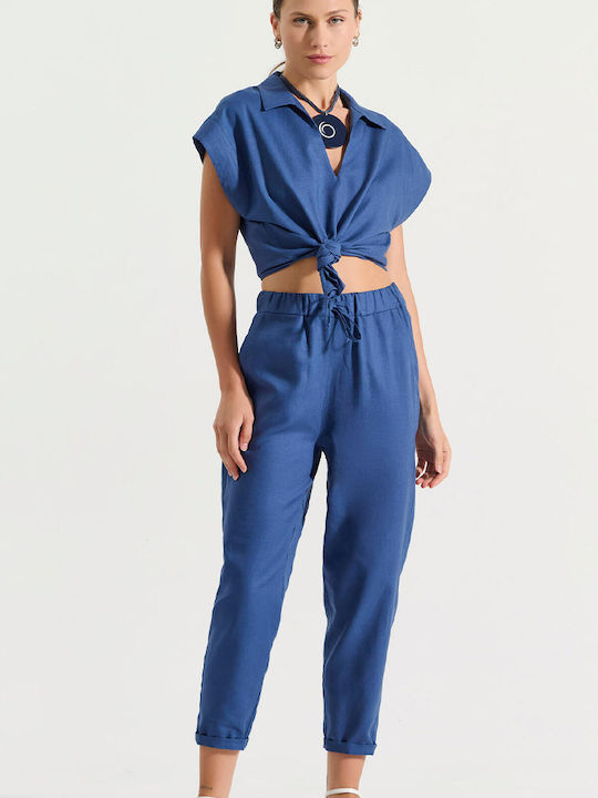 Bill Cost Women's Linen Trousers with Elastic Loose Fit Blue