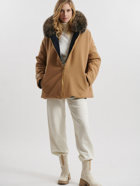 Women's Short Lifestyle Jacket Double Sided for Winter with Hood Brown