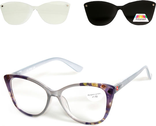 Alpin Clip On Women's Reading Glasses +2.00 with Magnet in Gray Color