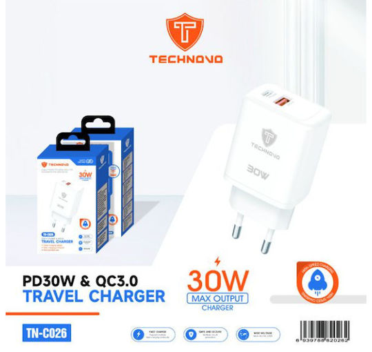 Technovo Φορτιστής Χωρίς Καλώδιο με Θύρα USB-A και Θύρα USB-C 30W Power Delivery / Quick Charge 3.0 Λευκός (TN-C026)