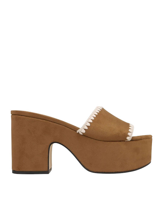 Suede Mules με Τακούνι σε Καφέ Χρώμα