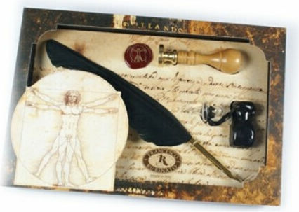 Francesco Rubinato Set Calligraphy Pen with Feather Brown with Blue Ink and with 1 Replacement Nibs