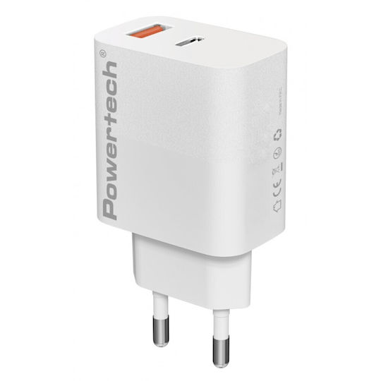 Powertech Ladegerät ohne Kabel GaN mit USB-A Anschluss und USB-C Anschluss 20W Stromlieferung / Schnellaufladung 3.0 Weißs (PT-1437)