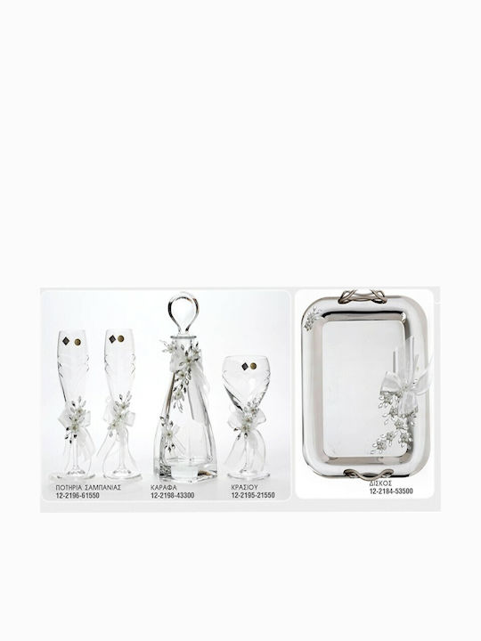 Zivas Set Carafă de Nuntă cu Pahare de Vin & Șampanie pe Tavă Inox / Cristal Argintiu 4buc