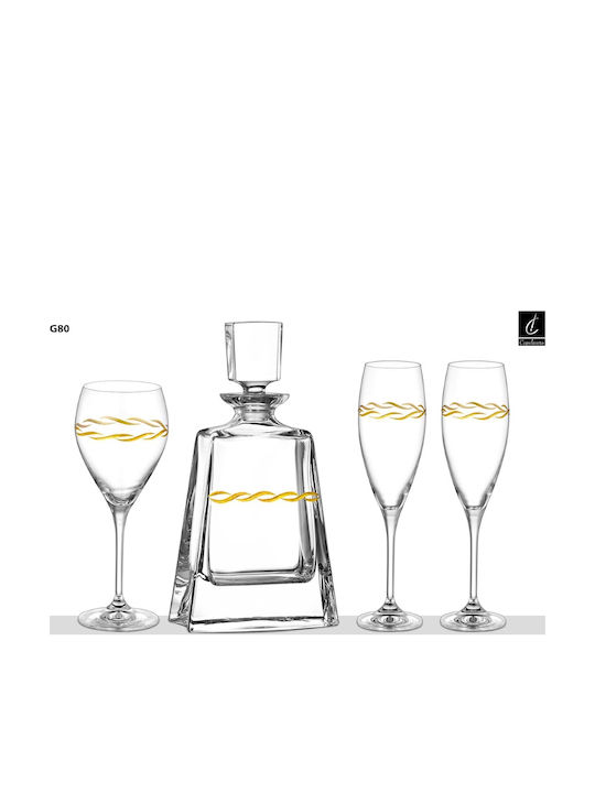 Capolavoro Wedding Carafe Set with Wine & Champagne Glasses made of Crystal Gold 4pcs
