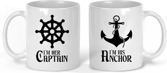 Set of White Ceramic Mugs Her Captain