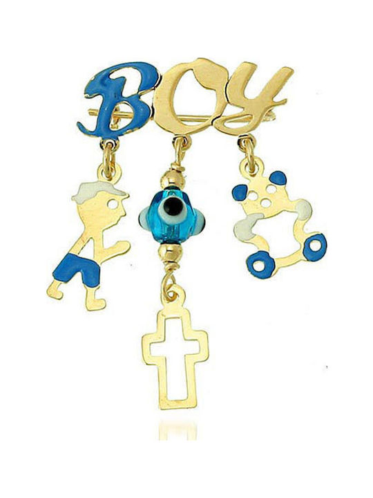 Kaloustian Safety Pin Charm Boy Eye Cross Yellow Gold 9K Pn11165