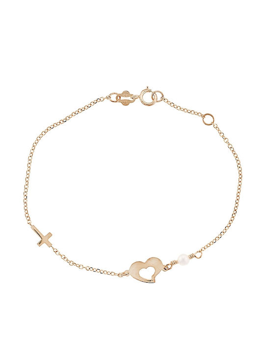 Art d or Kids Bracelet Chain from Gold 9K with Heart, Σταυρό & Stones