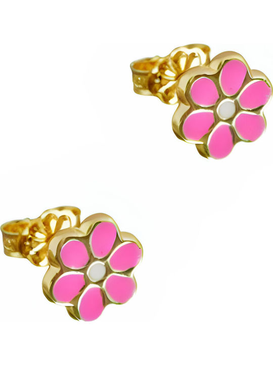 Kids Earrings Yellow Gold K9 Flower Pink Enamel Gatsa SK0091