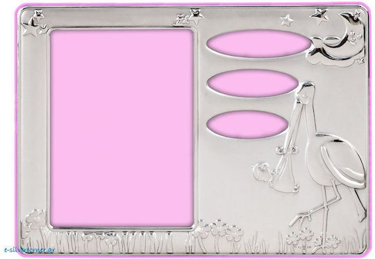 Silver Baby Photo Frame Stork Pink