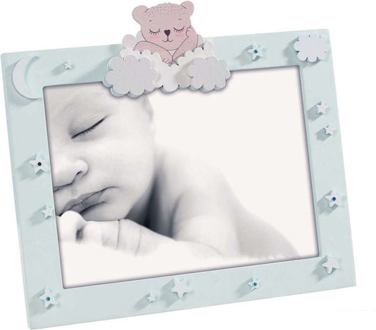 Wooden Photo Frame 15x20cm Natural Wood Teddy Bear Light Blue External Dimensions 24x22cm-a1436