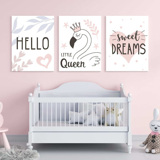 3-Teiliges Kinder Wandkunst Leinwand Hello Little Queen Sweet Dreams 30x40cm