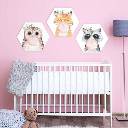 Sechseckige Kinder Wandkunst Set 3 Stück Bubble Tiere 35x30cm