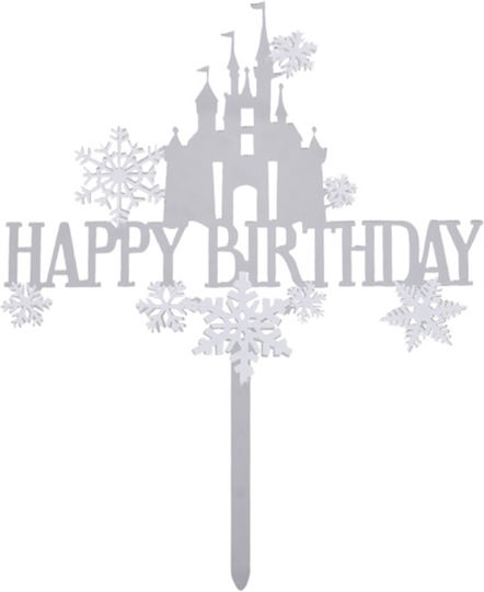 Cake Land Happy Birthday Cake Topper Silver Acrylic Castle