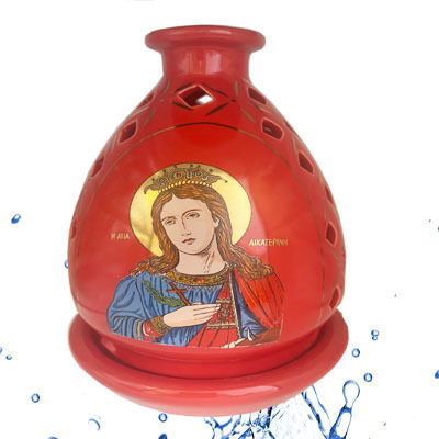 Vigil Oil Lamp Red Porcelain Height 16cm Image of Saint Catherine